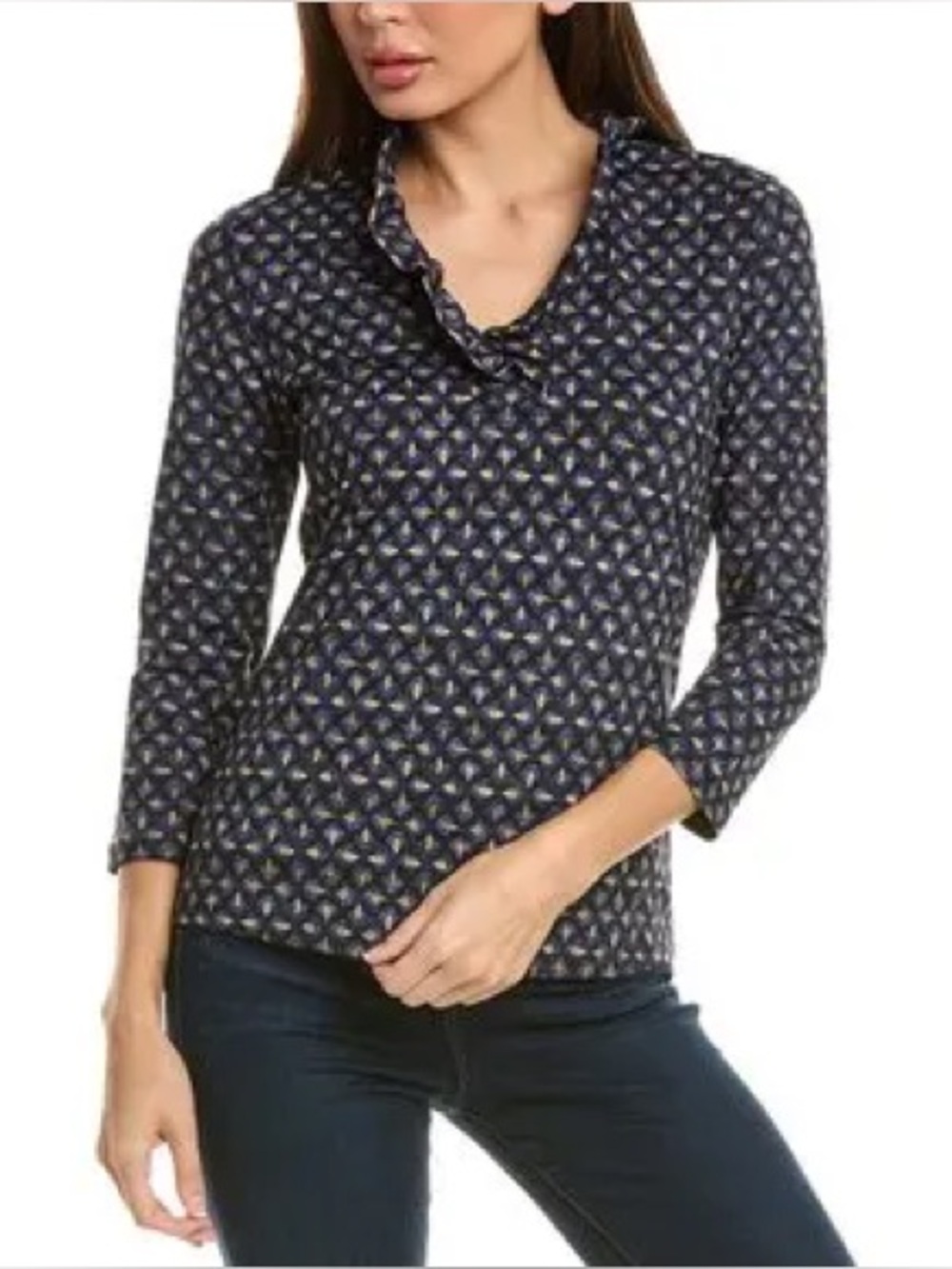 J.McLaughlin Durham Catalina Cloth Ruffle Neck Top M Navy Geometric
